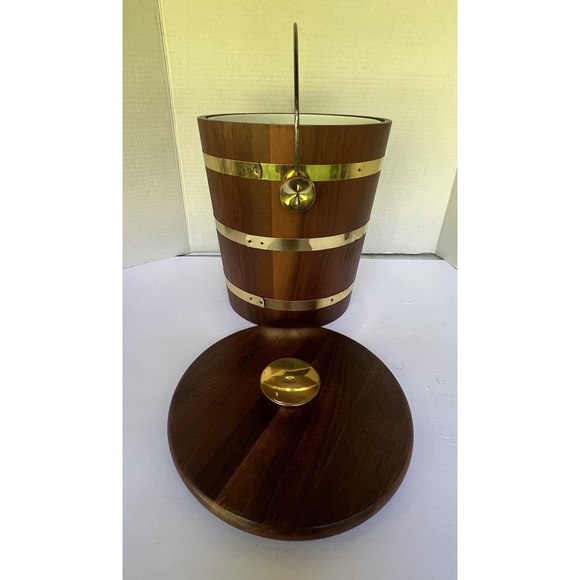 Ice Bucket Walnut Wood Vermillion Brass Vintage‎ liner bucket  MCM - Picture 5 of 12